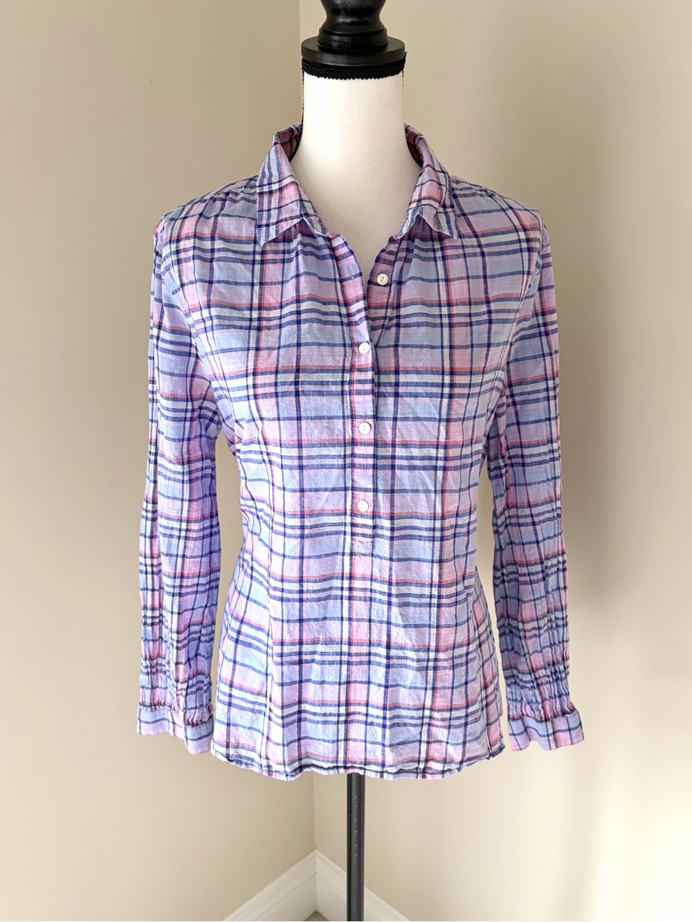 J.Crew Plaid Cotton Popover Shirt Blouse Pink Blue Size 12 - Picture 2 of 8